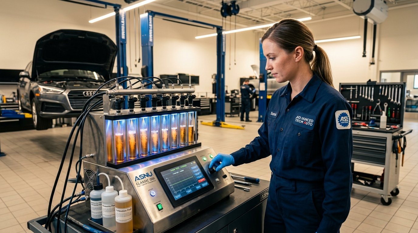 Automotive technician operating advanced ultrasonic fuel injector cleaner and tester