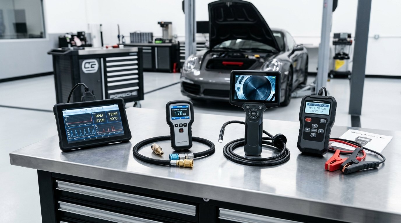 Professional automotive diagnostic tools displayed on modern workshop workbench