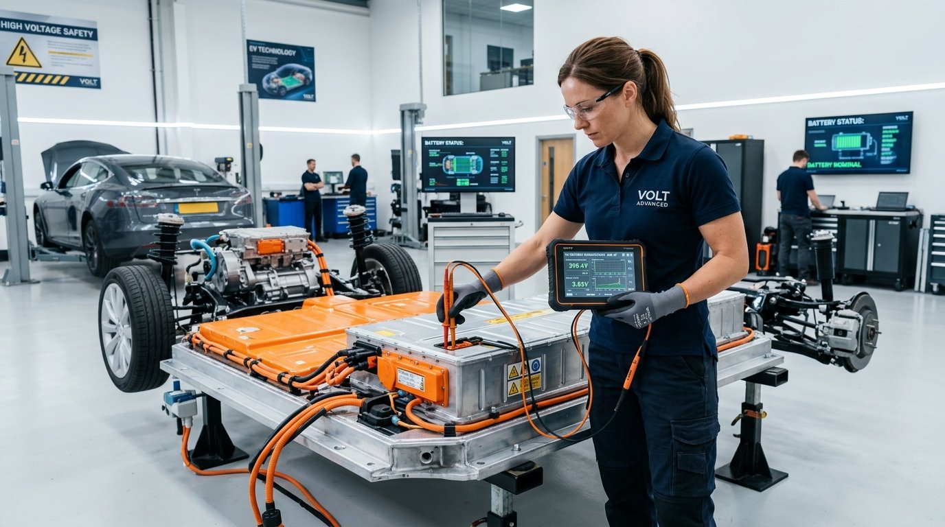 Automotive engineer inspecting electric vehicle battery pack with high voltage test probes
