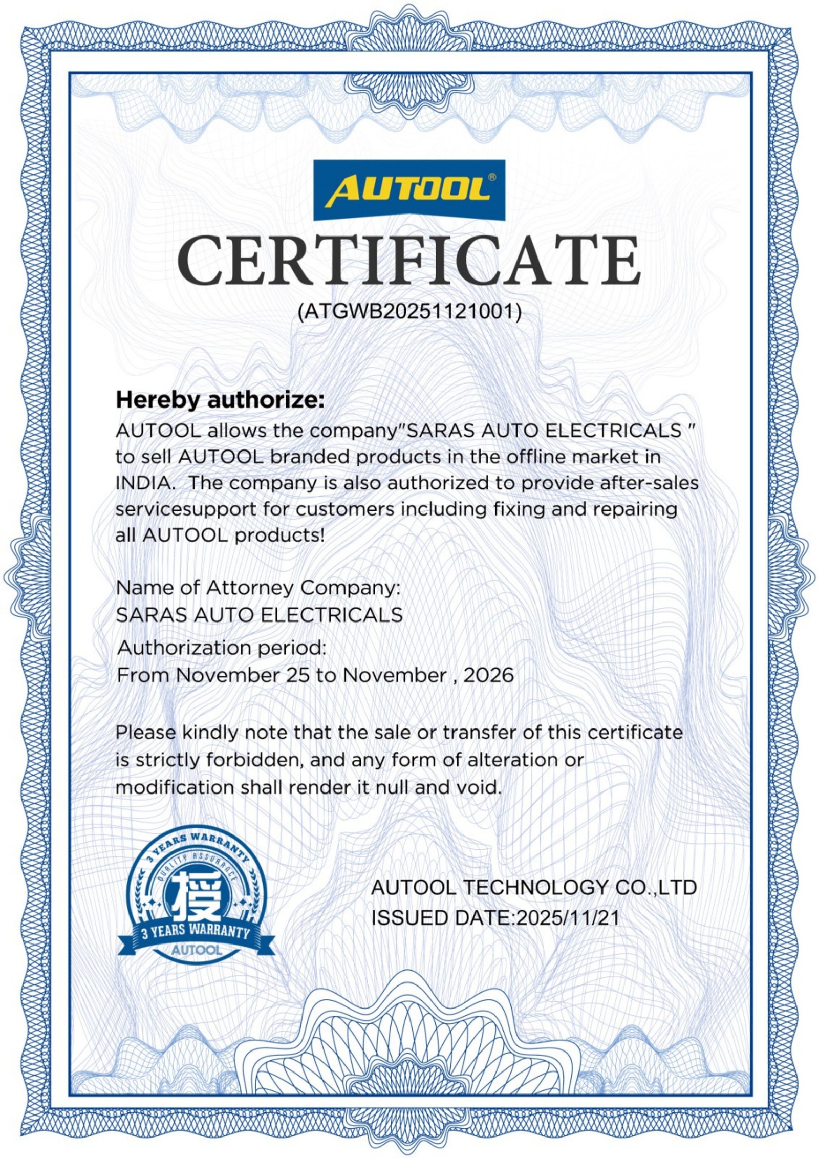 Saras Auto Electricals official Autool authorised distributor certificate