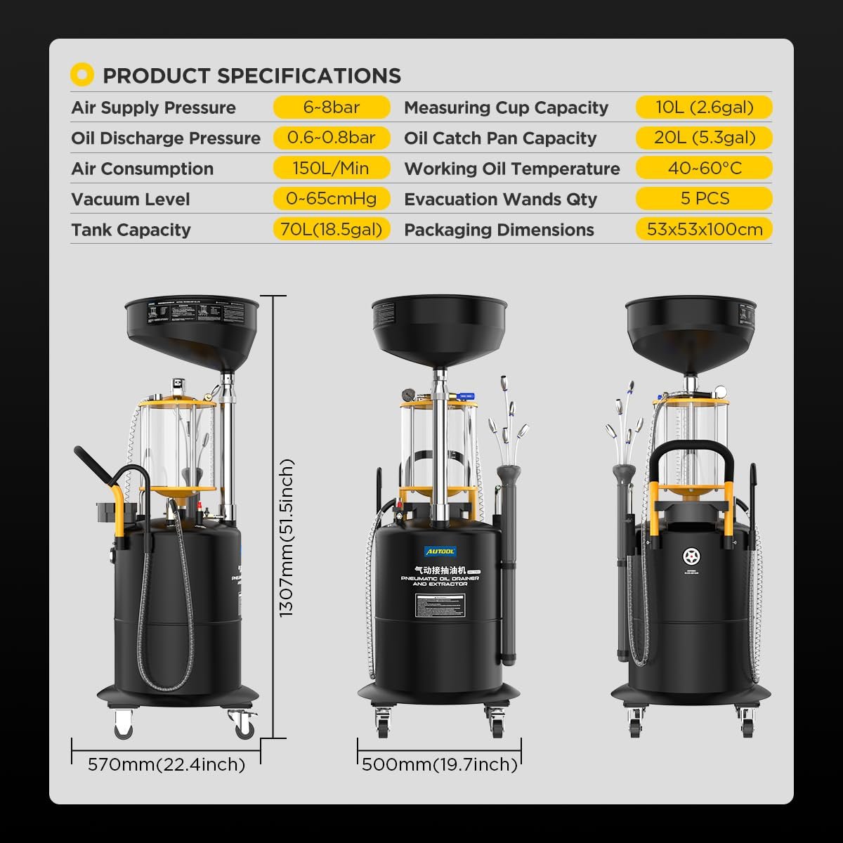 OD720 AUTOOL Pneumatic CAR Engine Oil Drainer and Extractor With 70Ltr Tank - Image 6