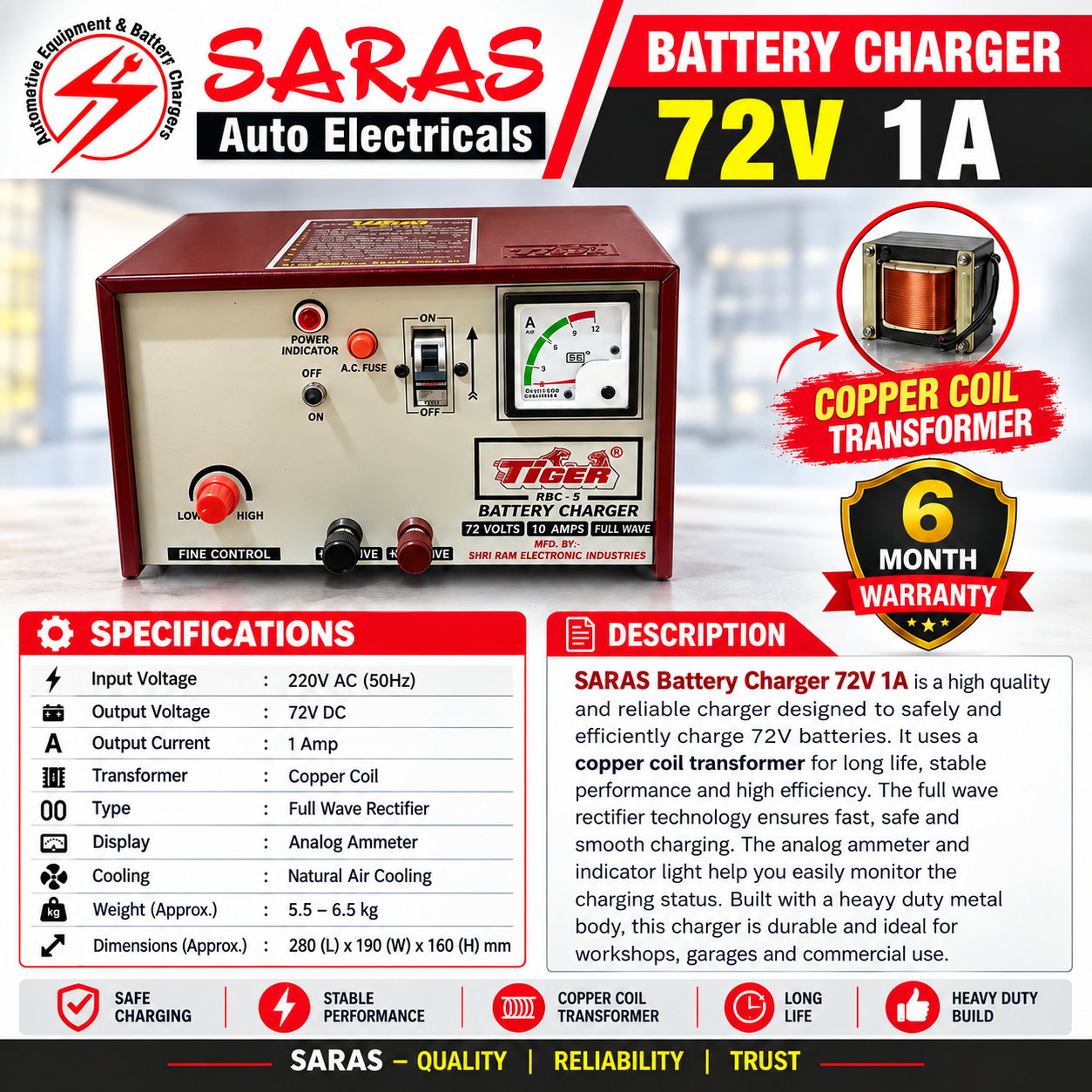 72V 1A Battery Charger – Copper Coil Transformer, Full Wave Rectifier 