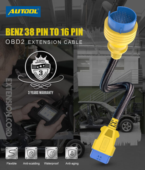 AUTOOL 42 CM Car OBD2 Reinforced Nylon Extension Cord 38PIN TO 16PIN Male to Female Cable for Benz - Image 2