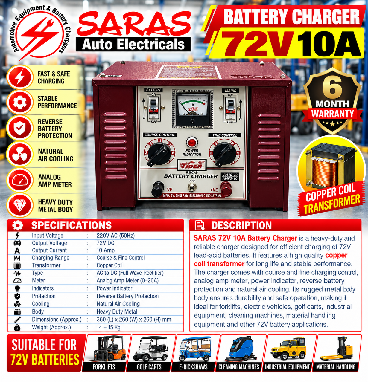 72V 10A Battery Charger – Heavy Duty Copper Coil Transformer