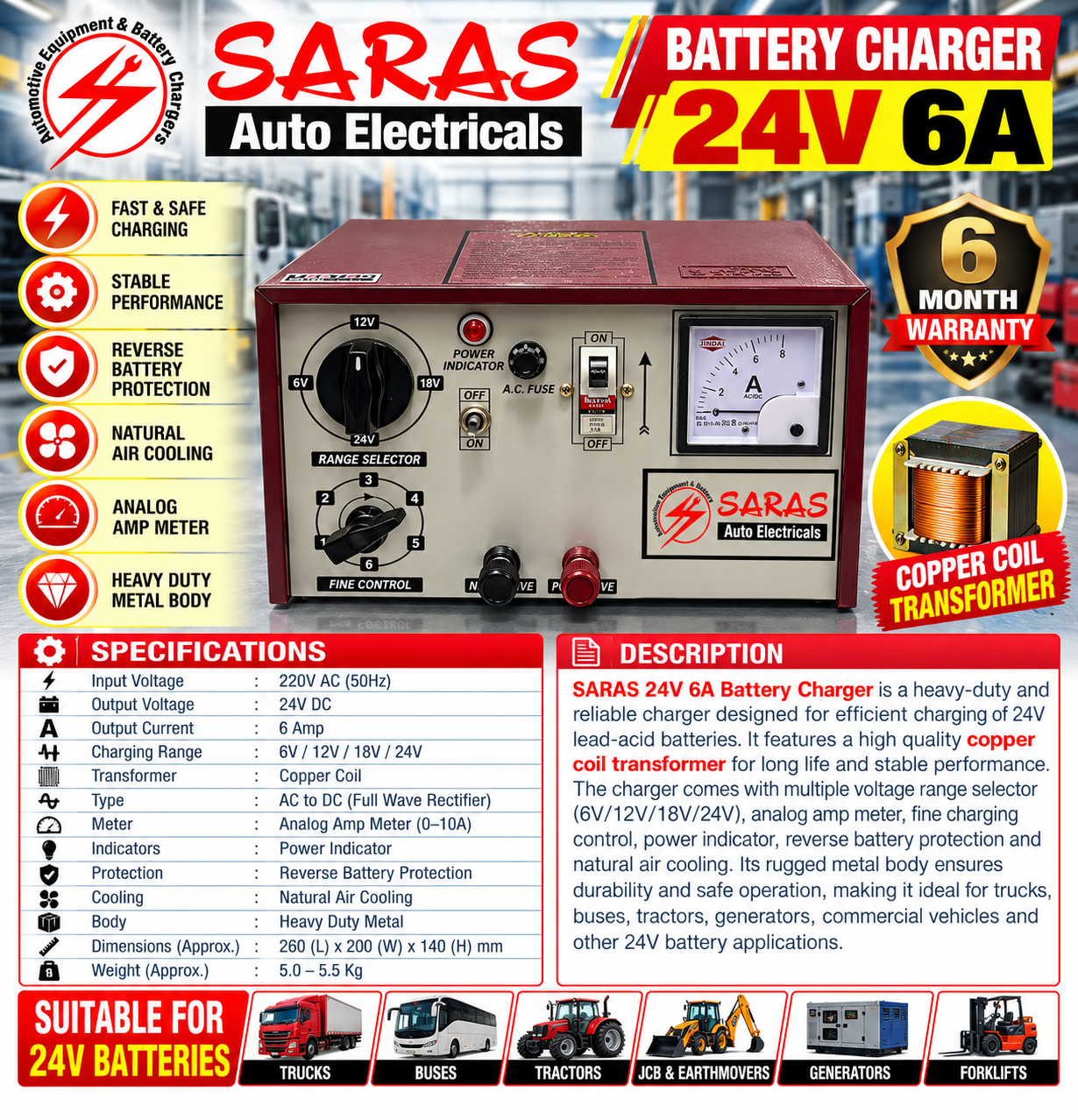 24V 6A Battery Charger – Heavy Duty Copper Coil Transformer