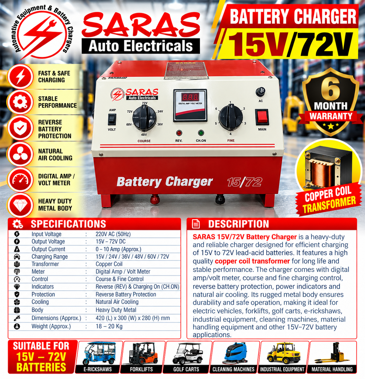 72V 10A Battery Charger – Heavy Duty Copper Coil Transformer