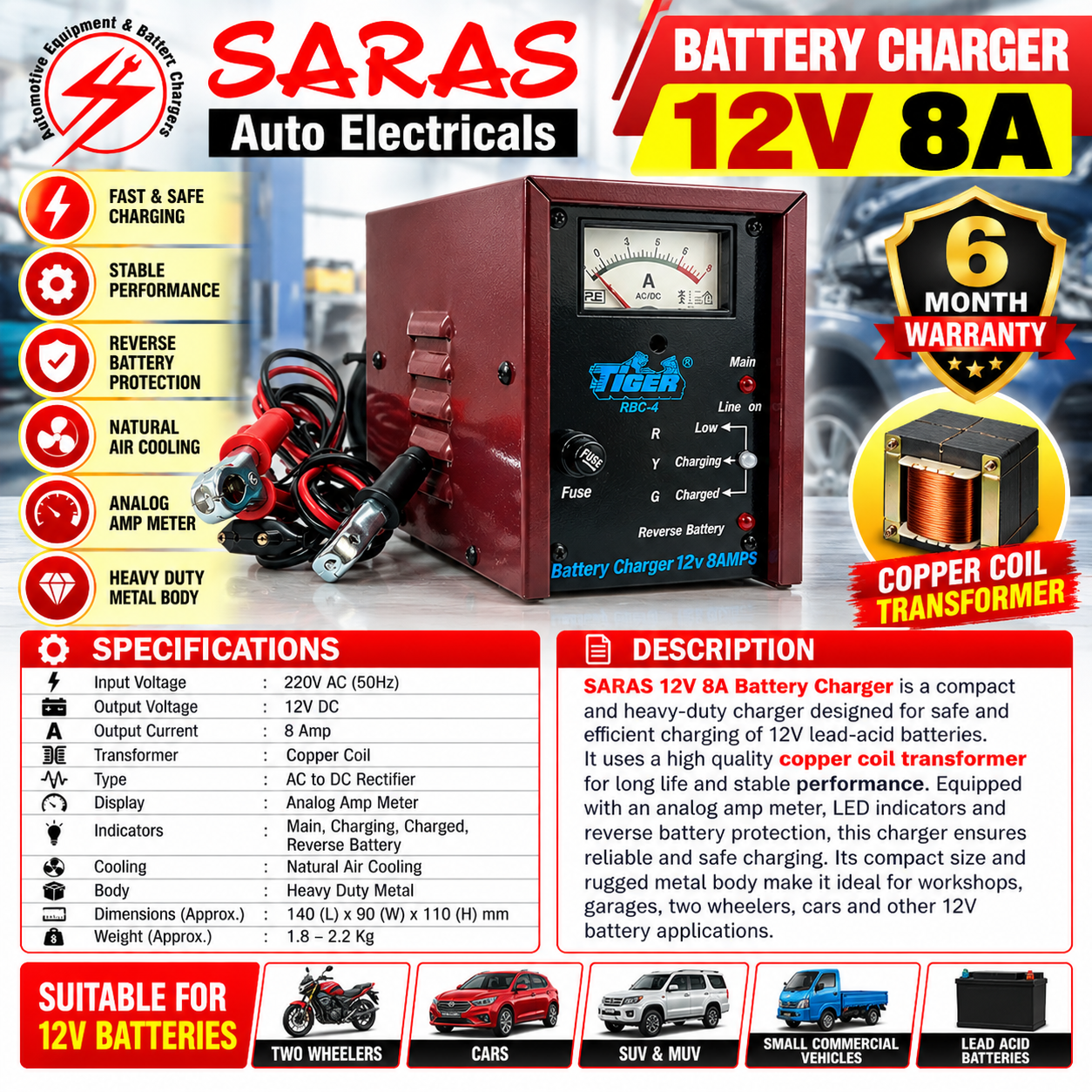 12V 8A Battery Charger – Heavy Duty Copper Coil Transformer