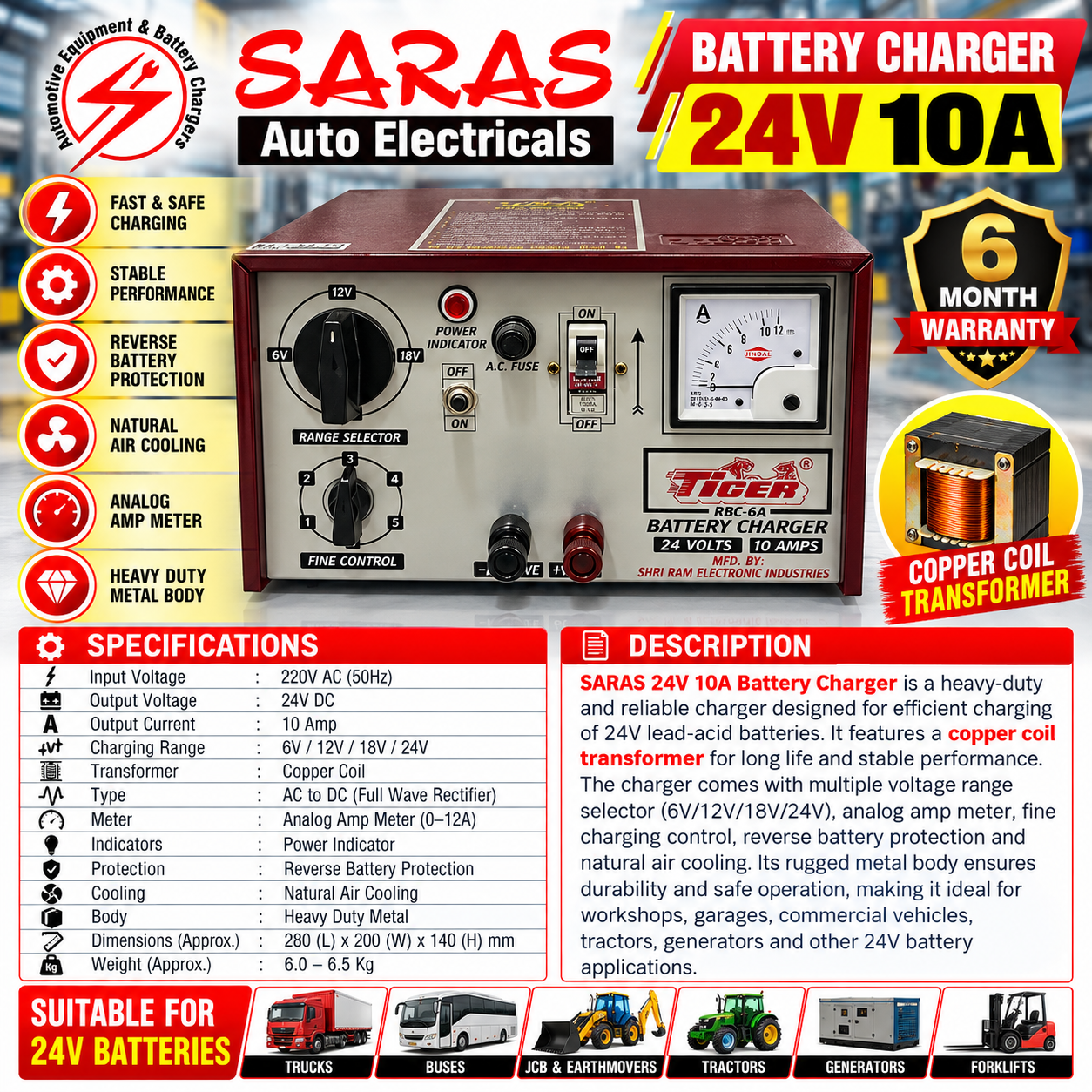 24V 10A Battery Charger – Heavy Duty Copper Coil Transformer