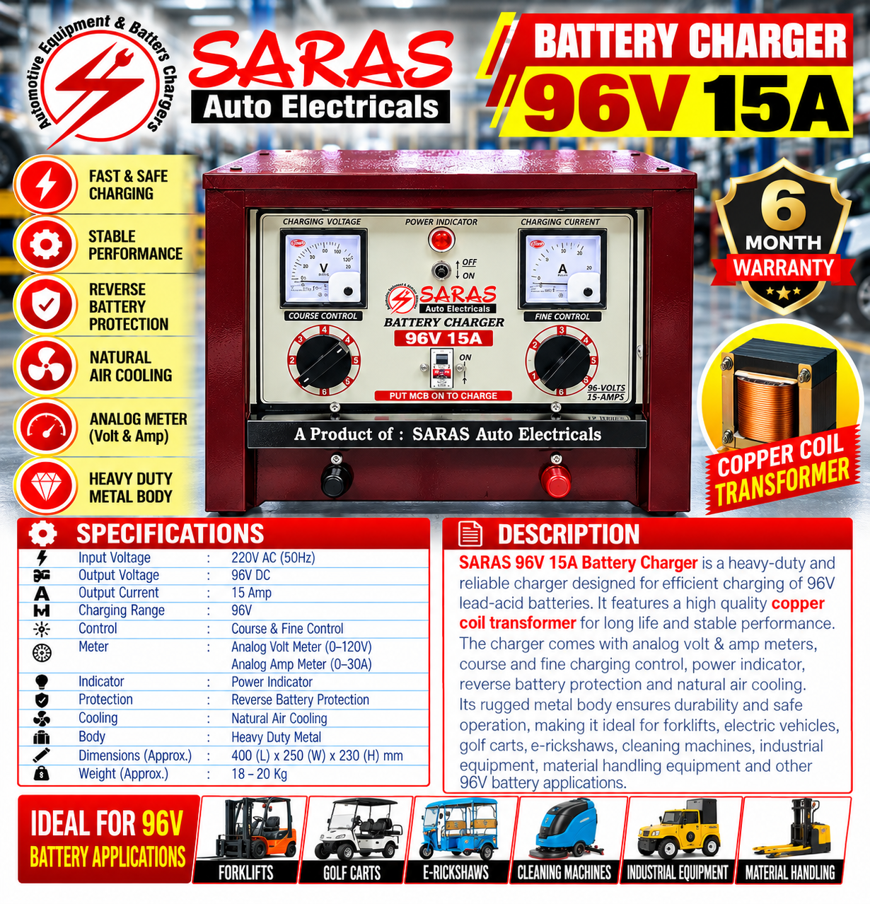 96V 15A Heavy-Duty Battery Charger with Copper Coil Transformer