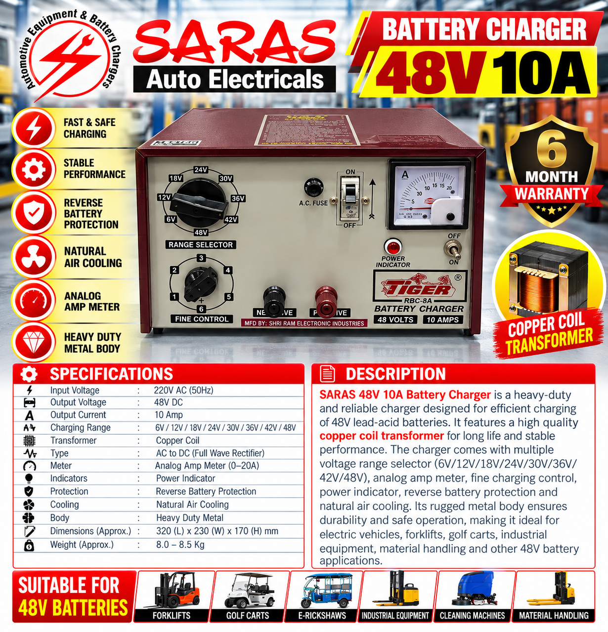 48V 10A Battery Charger – Heavy Duty Copper Coil Transformer