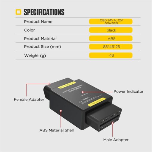 OBD2 Power Supply Transformer 24V to 12V OBD Power Supply Converter OBD2 Voltage Converter - Image 2