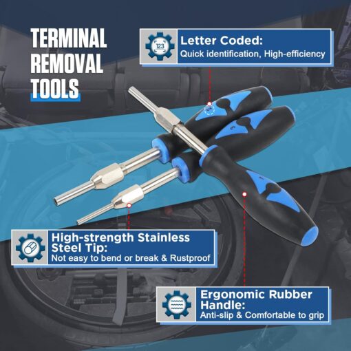 Terminal Removal Tool Kit 23PCS Terminal Ejector Kit Non-damage Wiring Harness Depinning Tool, Universal Electrical Connector Pin Removal Tool Kit with High-strength Stainless Steel Tip &Rubber Handle - Image 16