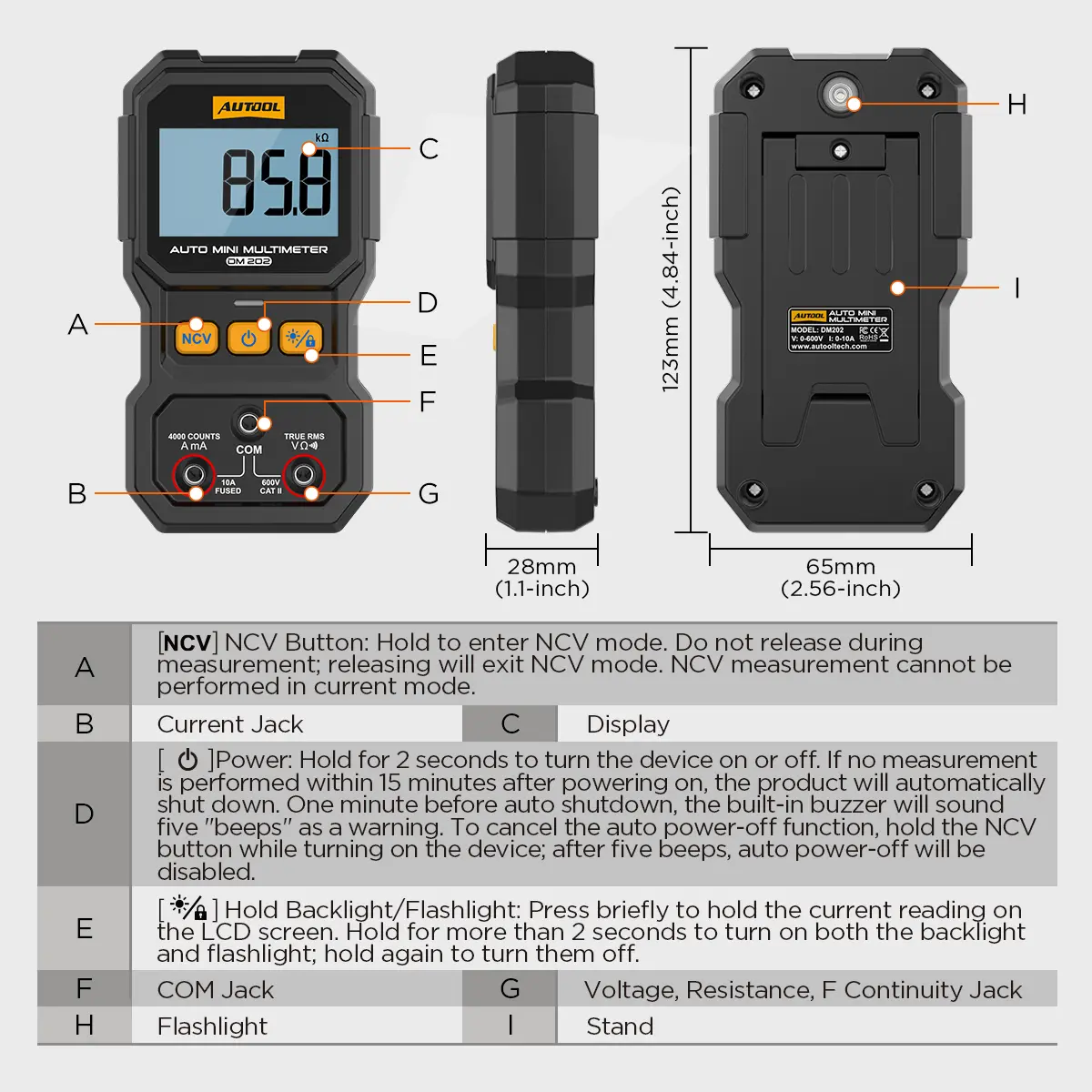 AUTOOL DM202 Mini Digital Multimeter NCV Tester Ture-RMS 4000 Counts - Image 8