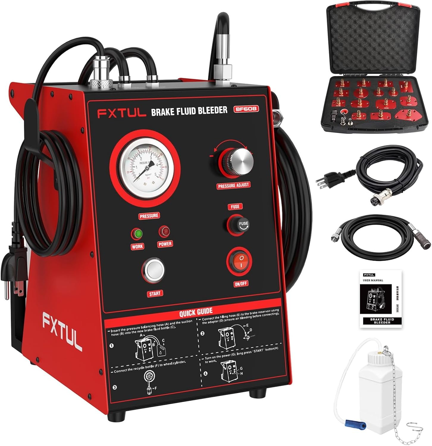 FXTUL BF 608 Motorcycle Brake Bleeder Kit, Electric 110V Auto-Stop 0.5–2.5Bar | One-Person Operation, Level Monitor & Bubble-Free Brake Fluid Bleeding, 20PCS Motorcycle Adapters Set, Supports DOT 3/4/5.1