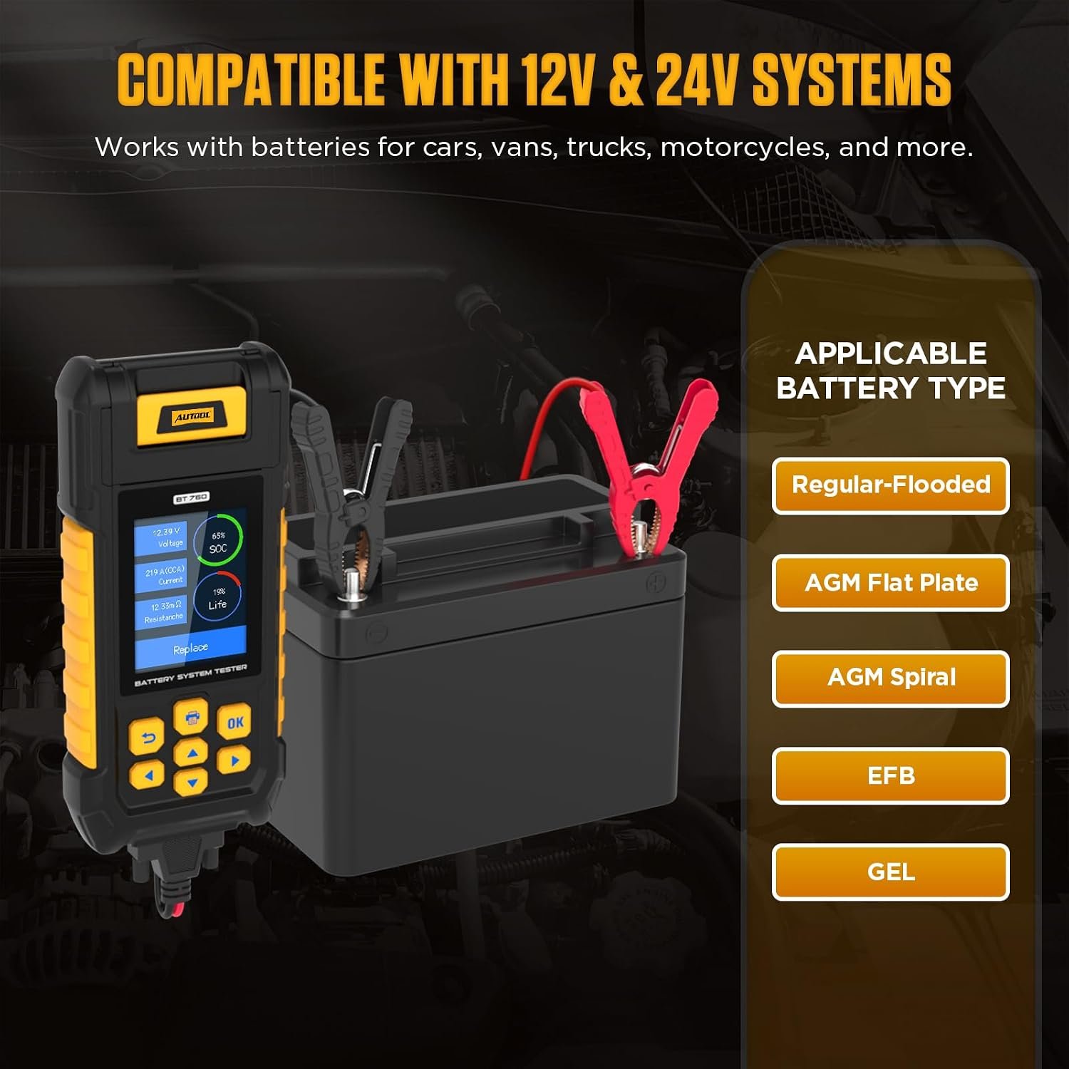 Automotive Battery Tester with Thermal Printer AUTOOL BT760 – 12V/24V Car & Motorcycle Battery Checker, Cranking & Charging Test, Reverse Polarity Protection, HD Color Display - Image 9
