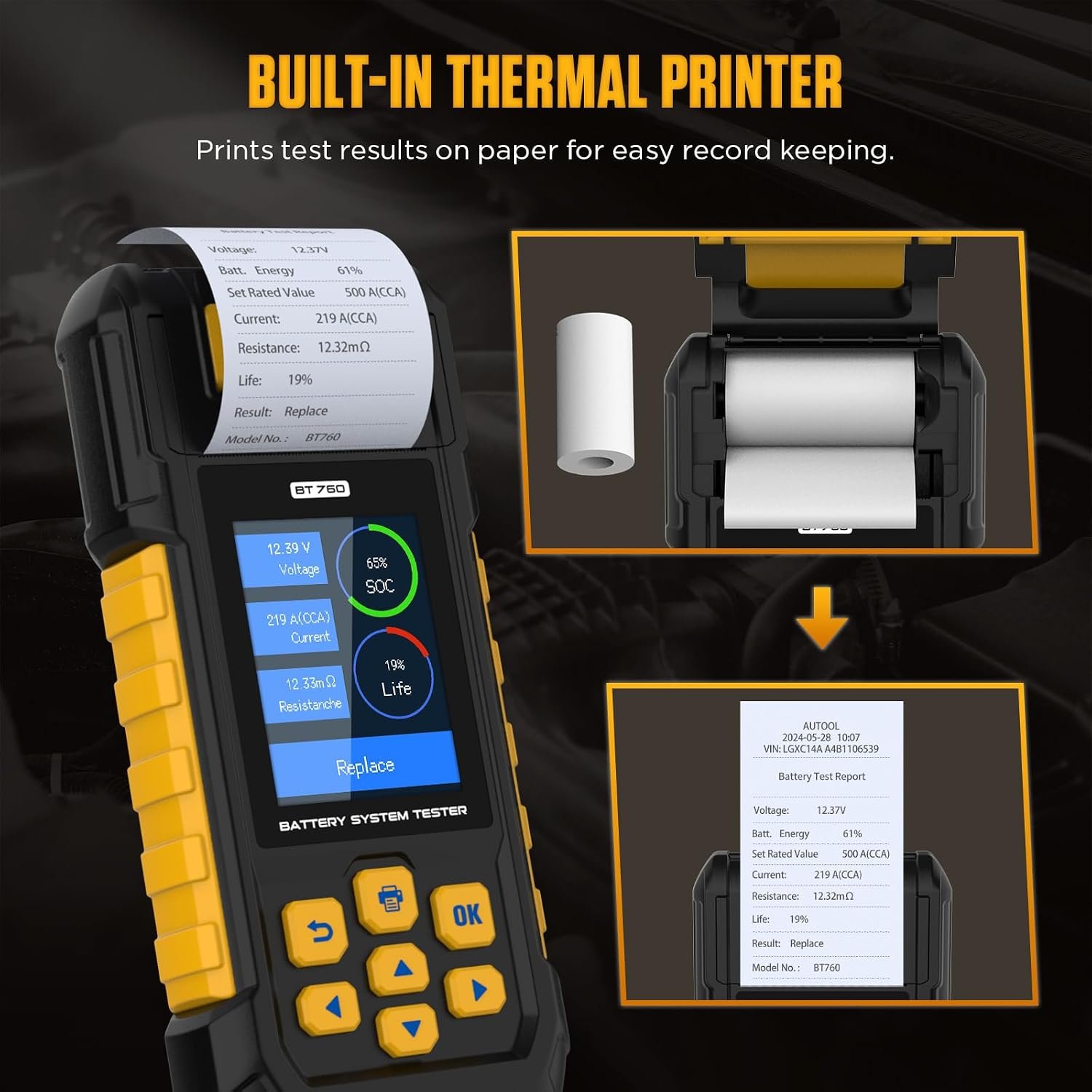 Automotive Battery Tester with Thermal Printer AUTOOL BT760 – 12V/24V Car & Motorcycle Battery Checker, Cranking & Charging Test, Reverse Polarity Protection, HD Color Display - Image 6