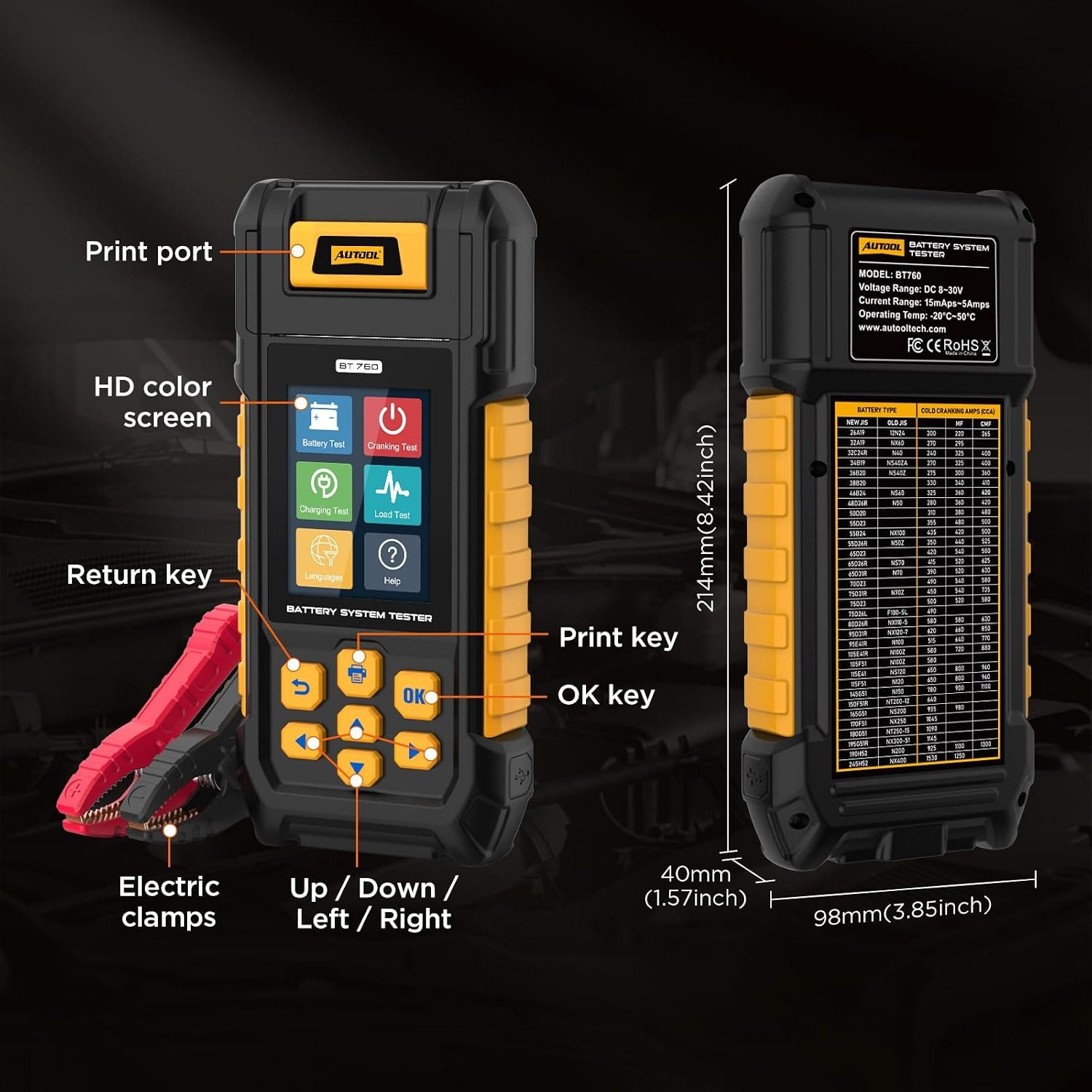 Automotive Battery Tester with Thermal Printer AUTOOL BT760 – 12V/24V Car & Motorcycle Battery Checker, Cranking & Charging Test, Reverse Polarity Protection, HD Color Display - Image 2