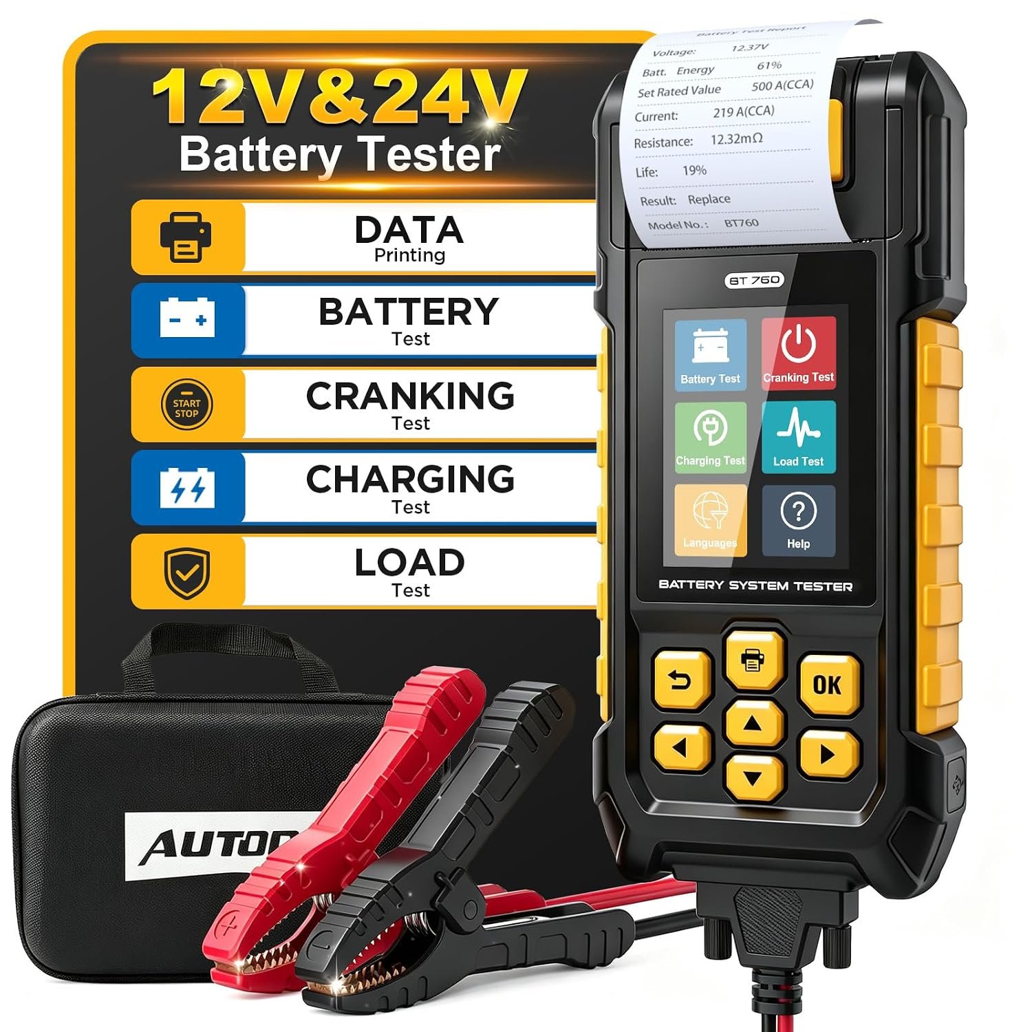 Automotive Battery Tester with Thermal Printer AUTOOL BT760 – 12V/24V Car & Motorcycle Battery Checker, Cranking & Charging Test, Reverse Polarity Protection, HD Color Display