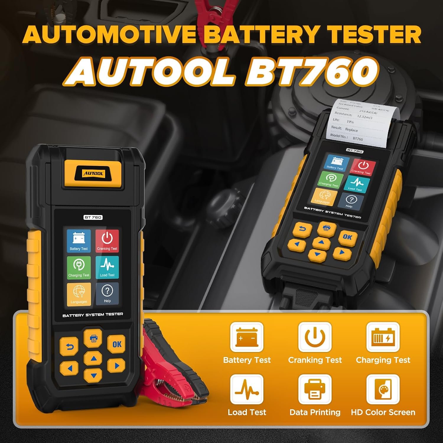 Automotive Battery Tester with Thermal Printer AUTOOL BT760 – 12V/24V Car & Motorcycle Battery Checker, Cranking & Charging Test, Reverse Polarity Protection, HD Color Display - Image 4
